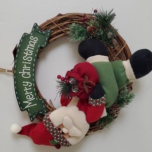 Vintage Felt Santa on Grape Vine Merry Christmas Wreath